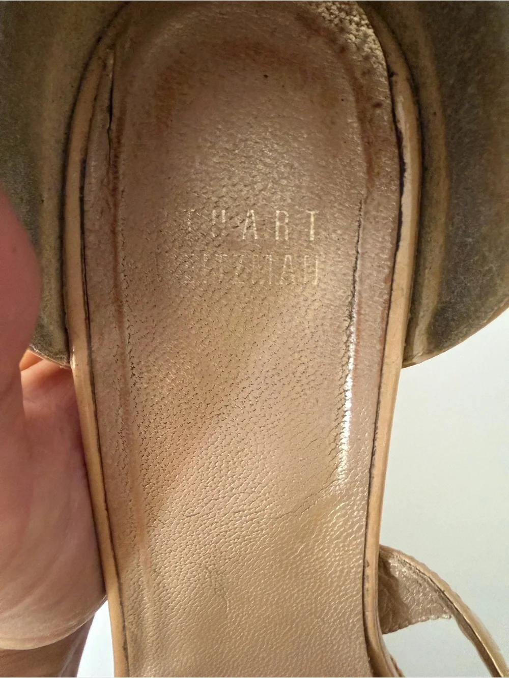 Stuart Weitzman Oneliner Patent Leather Cork Wedges in Adobe Aniline, Size 8